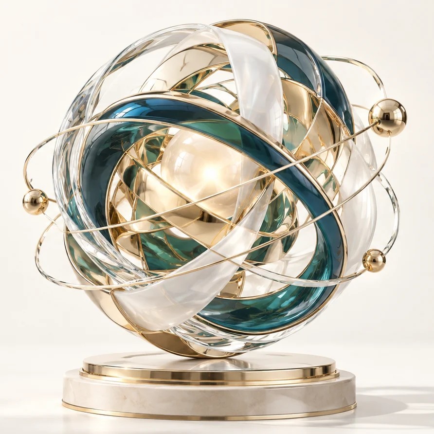 Goldene Skulptur aus verschlungenen Bändern auf einem Sockel